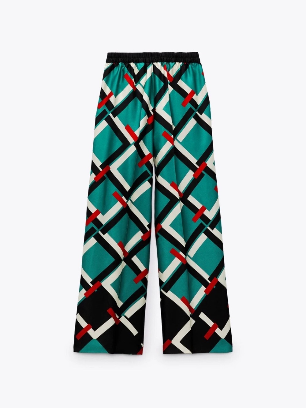 Zara Wide Leg Geometric Print Pants in satin Teal black and red size M like new